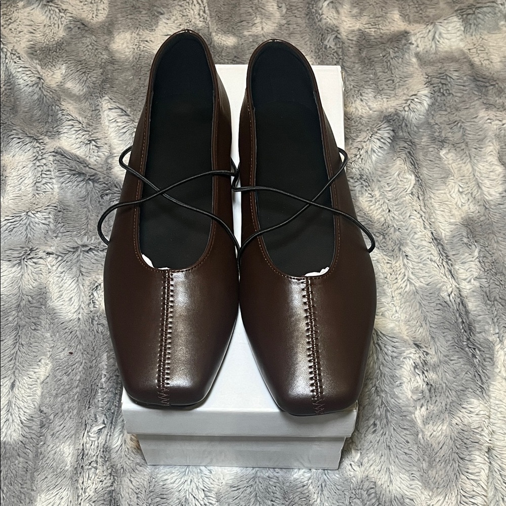 Brown Square-Toe Crisscross Strap Flats - Picture 3 of 17